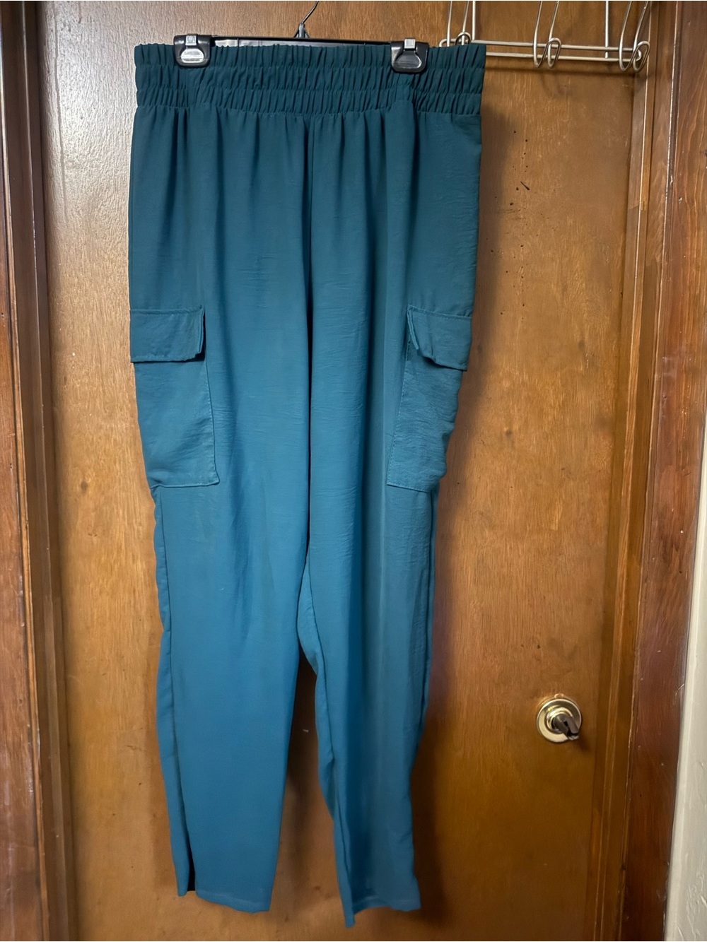 NY Invasion Teal Wide-Leg Cargo Pants with Elastic Waist